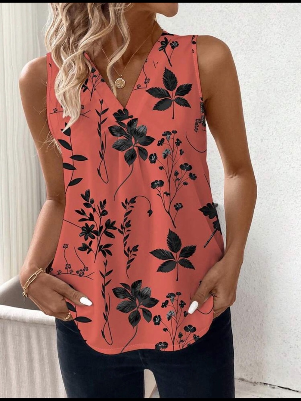 BRAND NEW Sleeveless V-Neck Floral Tank Top - Coral with Black Print